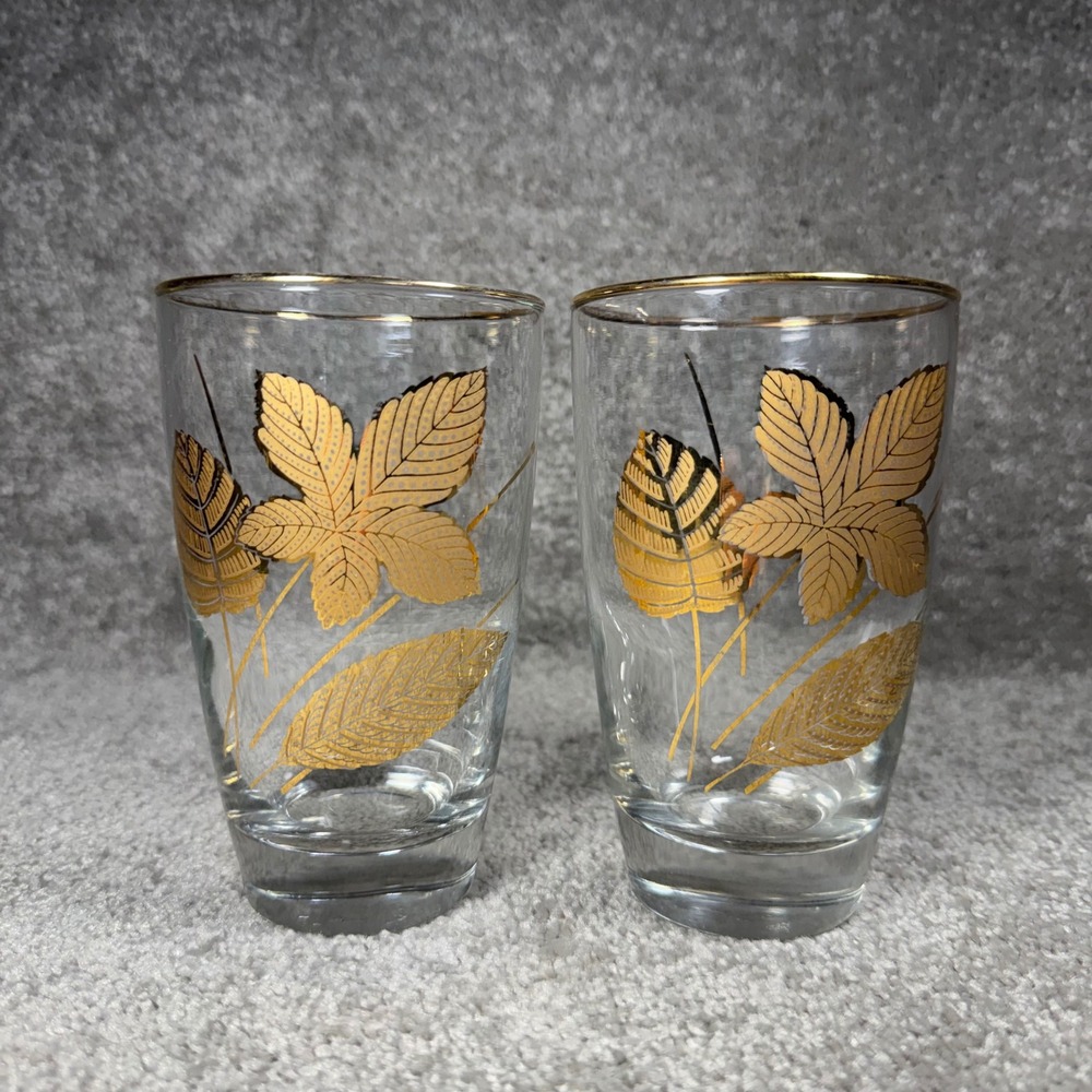 Libbey Highball Glasses Gold Leaf Mid Century‎ Modern Set of 2